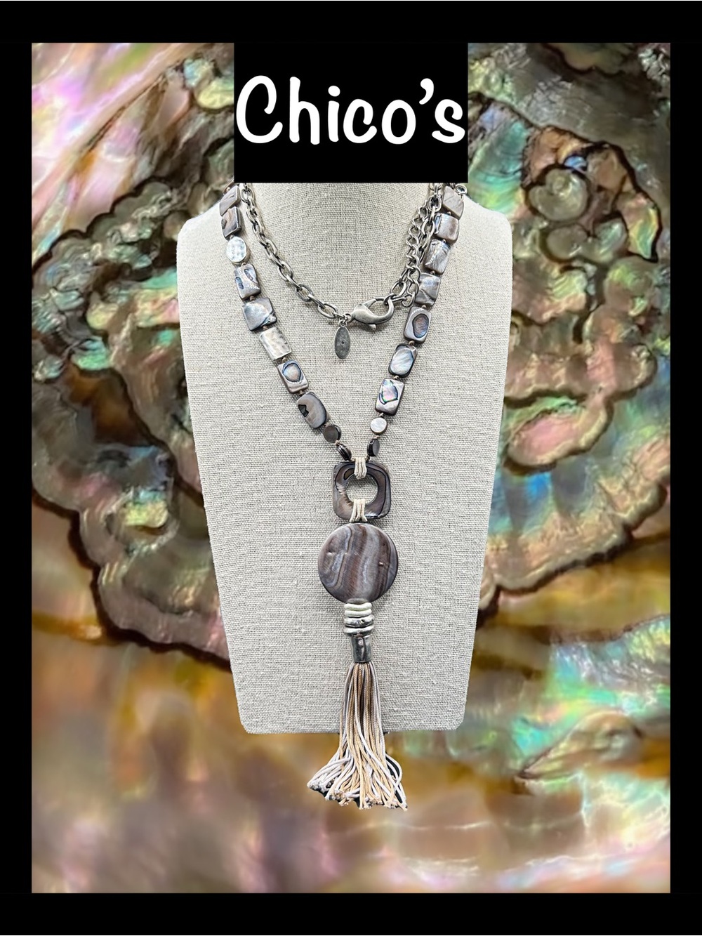 Chico's Long Tassel Pendant Necklace, Mother of Pearl & Abalone Shell Necklace